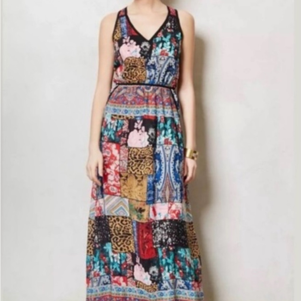 Anthro 100% Silk Multicolor Patchwork Boho Maxi Dress XXSP NWT